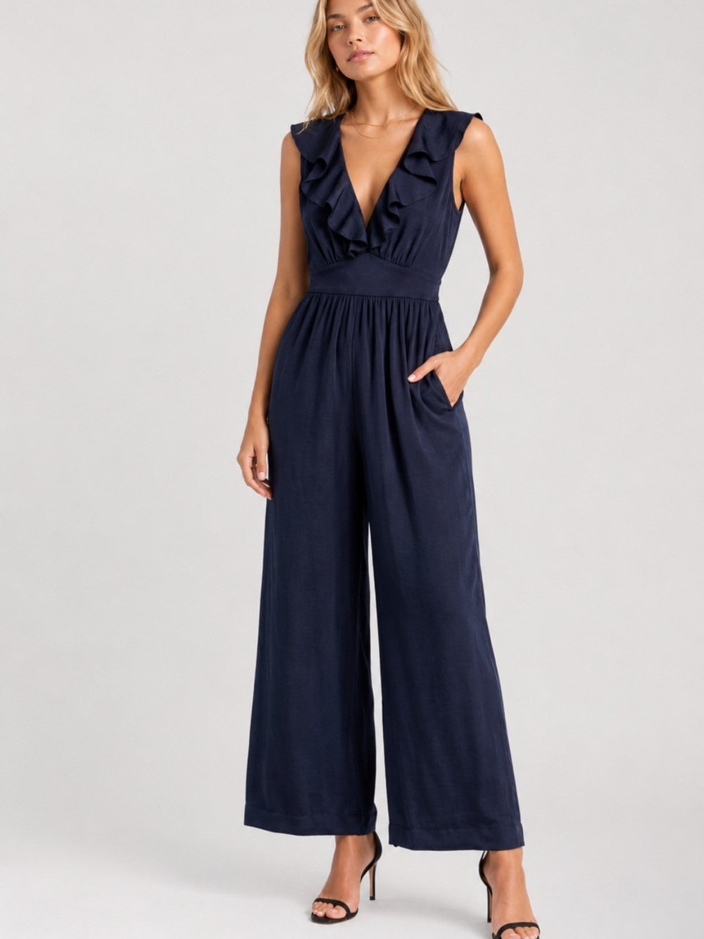 Madewell Navy Women's Satin Ruffle-Neck Jumpsuit Size 6 - 54716